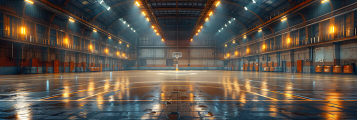 Large Basketball Arena with Copy Space,
A large warehouse with a blue light on the ceiling