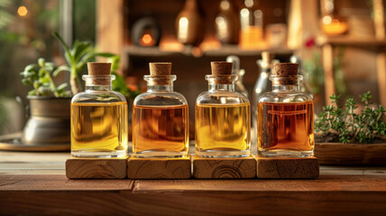 Artisanal oils displayed in glass bottles with a rustic backdrop.