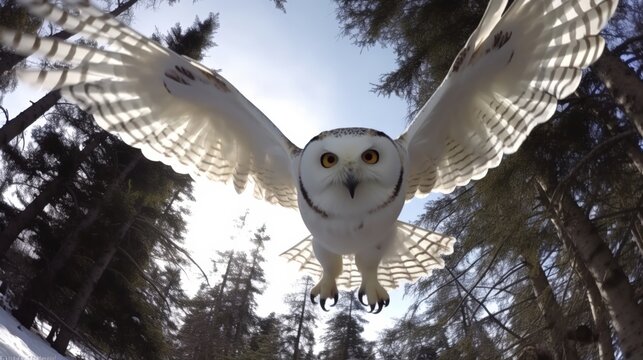 Snow White owl flies in camera viewpoint, landscape background
