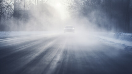 fog on a dangerous winter slippery road, a car with headlights in a risky climate cold and ice - obrazy, fototapety, plakaty