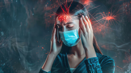 Woman with headache and medical mask on her face. Illness concept