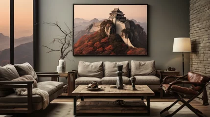 Tuinposter Chinese living room with a view of the great wall © Molostock