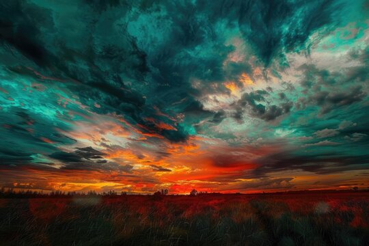 Turbulent Sunset over Field in Dark Turquoise and Red - Abstract and Colorful Nature Photo