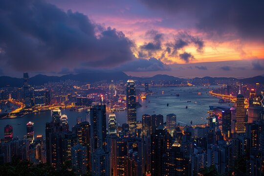 Twilight Over Victoria Harbor: Stunning Hong Kong Cityscape from The Peak with Waterfront and Sea Landscape