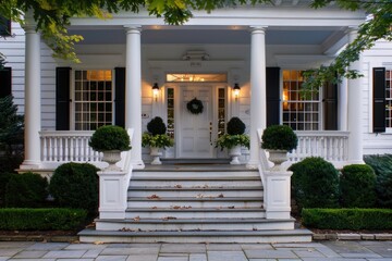 Upscale White Front Door - A Beautiful Entrance to an Illuminated Exterior Home