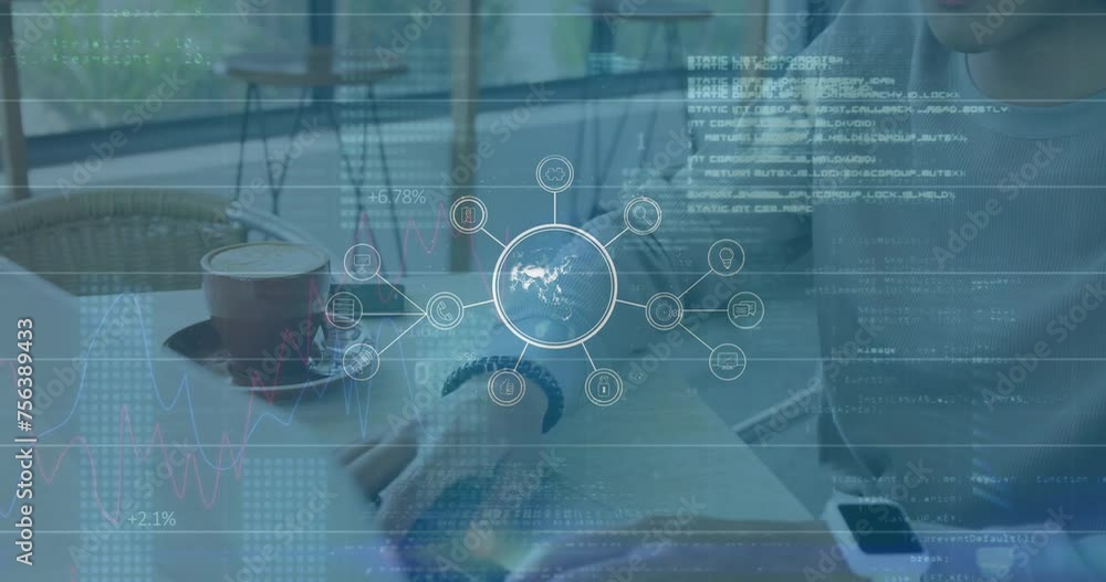 Poster animation of network of connections with icons over data processing and biracial man using laptop
