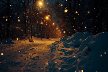 Snowy park at night
