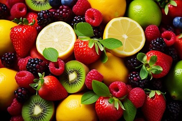 An assortment of fresh lemons, strawberries, raspberries, blueberries, and blackberries