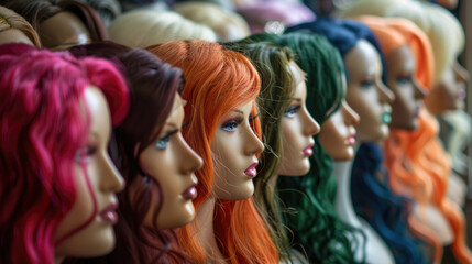 Mannikin heads in a wig store. Different wigs on mennequins - obrazy, fototapety, plakaty