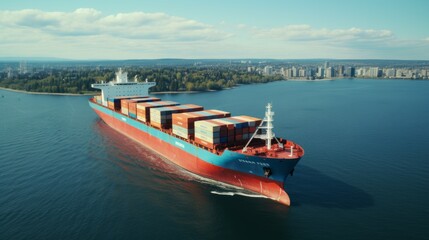 A large container ship sails through the ocean towards a major city