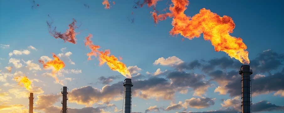 Emissions from Flare Stacks at Oil Refinery. Concept Gas Flaring, Air Pollution, Industrial Processes, Environmental Impact
