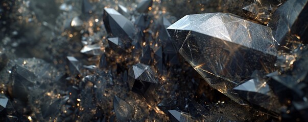 A 3D rendered, abstract panorama of black crystal formations, showcasing a faceted texture that resembles a wide, macroscopic view of a mysterious, dark gemstone landscape.