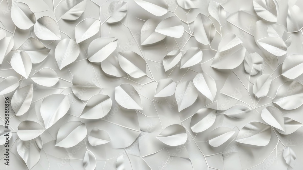 Poster a backdrop featuring white geometric leaves on 3d tiles, creating a texture that is both modern and 