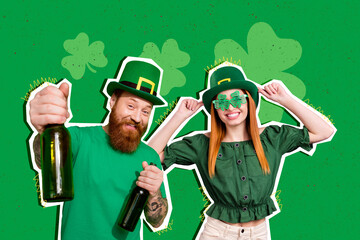 Collage young two green leprechaun theme party outfits cylinder hats offer drink alcohol pub...