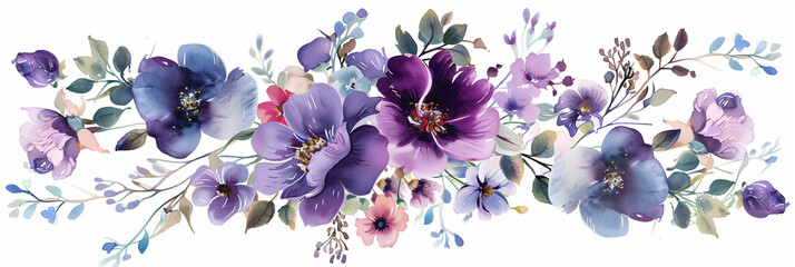 Elegant panoramic floral illustration with vibrant watercolor purple and pink flowers, ideal for wedding stationery backgrounds or spring-themed designs with ample space for text - obrazy, fototapety, plakaty