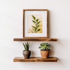 Two potted plants and a framed print on a wooden shelf against a white wall