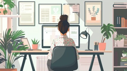 Woman Working From Home Office with a Creative and Productive Desk Setup for Business and Web Log