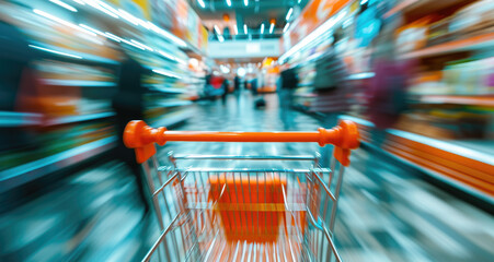 A blurry image of a shopping cart in a store - obrazy, fototapety, plakaty