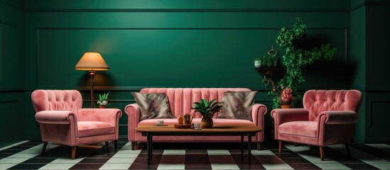 Pink furniture brings a pop of color to the greenwalled living room. The interior design features a cozy couch, wooden table, and lush plants