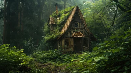 Gordijnen Fantasy hut in greenery hiding in the forest © brillianata