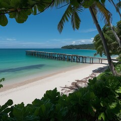 Beach with palm trees and a long wooden pier extending into the clear blue ocean waters