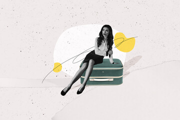 Creative photo collage sitting young gorgeous lady businesswoman luggage suitcase waiting departure...