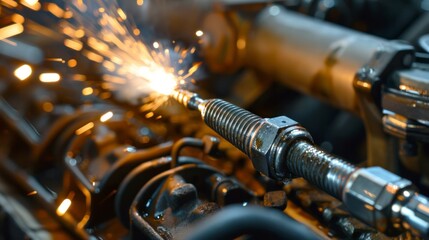The mechanic carefully checked the metal parts of the car engine during maintenance and found that the spark plug and coil needed repair.