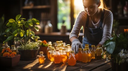 Young woman harvesting honey from beehives in an apiary - obrazy, fototapety, plakaty