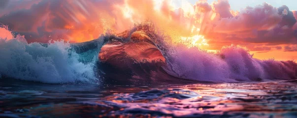 Zelfklevend Fotobehang A colorful wave with a sunset in the background © vadymstock