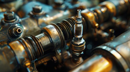 The mechanic carefully inspected the car's engine during routine maintenance, replacing the old spark plug and checking the metal coil for any signs of wear or damage. - obrazy, fototapety, plakaty
