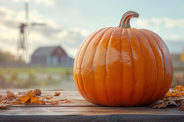 A large pumpkin sits on a wooden table with a blurred background of a windmill and barn in the distance - obrazy, fototapety, plakaty