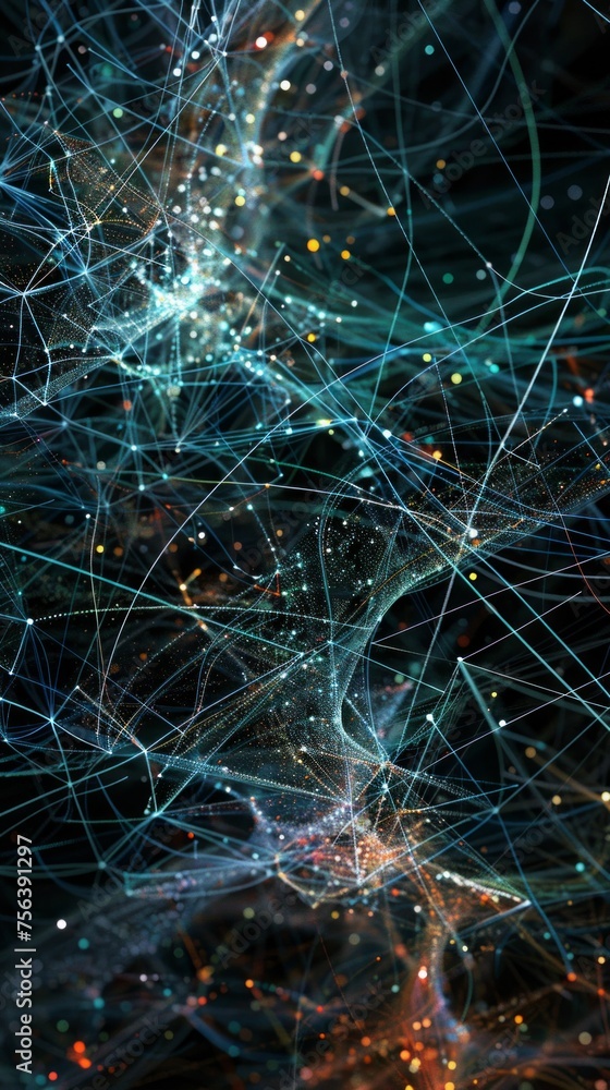 Poster a colorful, abstract image of a network of lines and dots