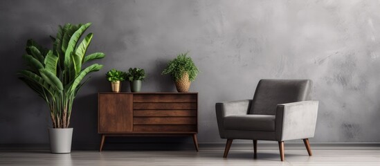 Interior design for living area with grey carpet, armchair, plant, cabinet on wood floor and concrete background