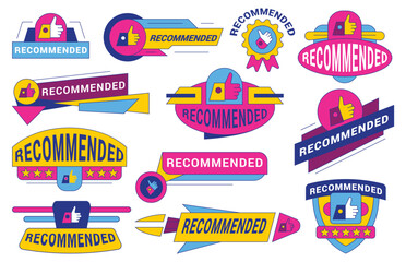 Naklejka premium Recommended badge banner collection. Set of banner recommended with thumbs up. Collection of advertising badges with like