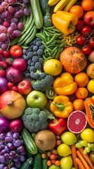 A colorful display of fresh, organic fruits and vegetables arranged in a rainbow spectrum, symbolizing health and natural diversity