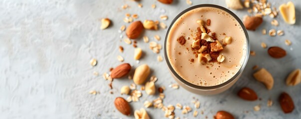 Obraz na płótnie Canvas Creamy peanut butter smoothie on white backdrop. Concept Smoothie Recipe, Peanut Butter, Creamy Texture, Photography, White Background