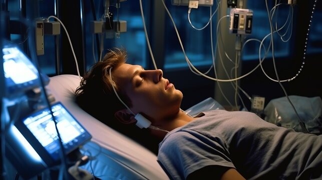 A comatose patient lies in a hospital bed.