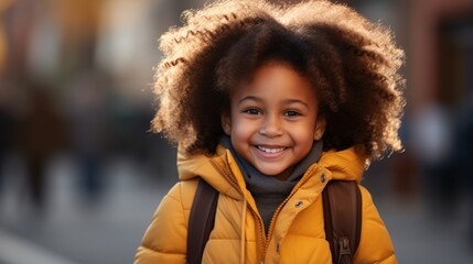 Portrait of a smiling young girl with curly hair wearing a yellow jacket - obrazy, fototapety, plakaty
