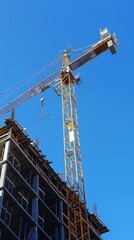 A construction site with a crane and building framework set against a clear blue sky, capturing the progress and ambition of urban development and architectural growth.