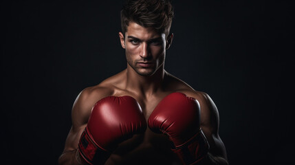 Male model flaunting boxing gloves, caught in a jabbing motion, amidst a dark gray backdrop replete with copy space. - obrazy, fototapety, plakaty