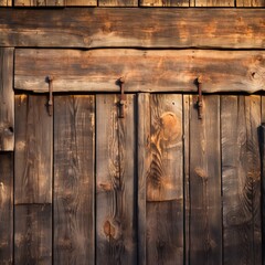 Old wooden barn wall with rusty hinges and weathered wood grain patterns