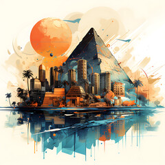 portrait of ancient Egypt pyramids at sunset illustration art full color