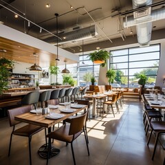 Modern restaurant interior with large windows and wooden tables
