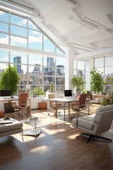 Modern office interior with large windows and city view