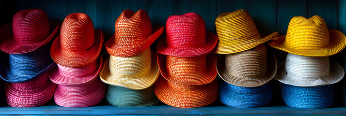 olourful Hats Stacked on a Wall,
Traditional peruvian hats of multiple colors - obrazy, fototapety, plakaty