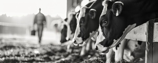 A detailed view of black and white Holstein dairy cows enjoying their meal, peeking curiously from behind the stall fence in a barn. - obrazy, fototapety, plakaty