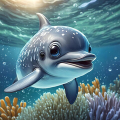 눈이 큰 귀여운 아기 돌고래