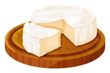 Camembert cheese, brie french soft creamy food on wooden tray isolated on white background. 