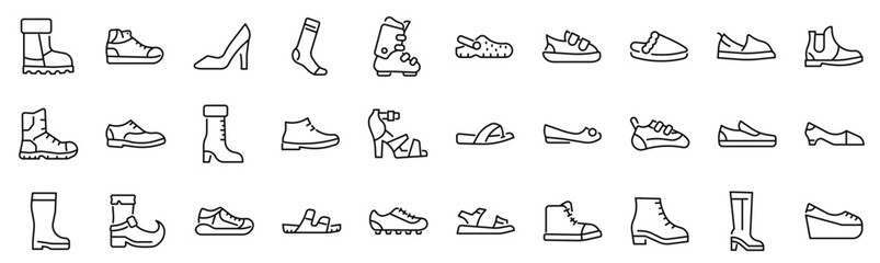 Set of 30 outline icons related to footwear.Linear icon collection. Editable stroke. Vector illustration