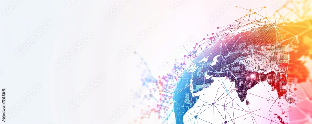 Poster a dynamic white global communication banner highlighted by a colorful network, symbolizing worldwide